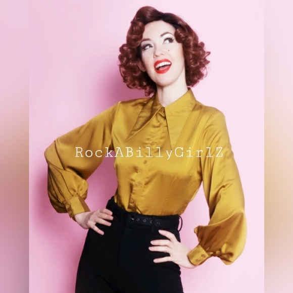Tatyana 1940's Willow Chartreuse Satin Blouse Pinup Bishop Sleeves Arrow Collar - Picture 3 of 12